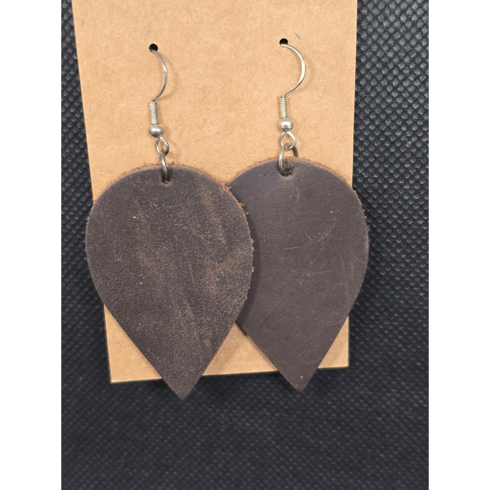 Handmade Dark Brown Leather Teardrop‎ Earrings Boho Western Distressed Dangle